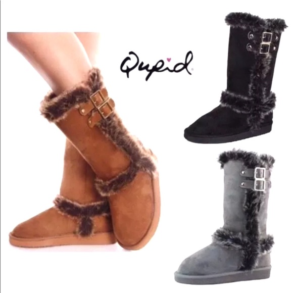 Qupid Women’s mid calf vegan fur boots in grey - Picture 5 of 5